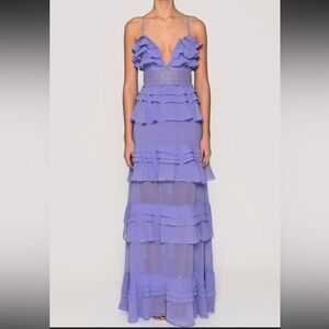 True Decadance -Sophia Cornflower Blue Plunge Front Tier Maxi Dress